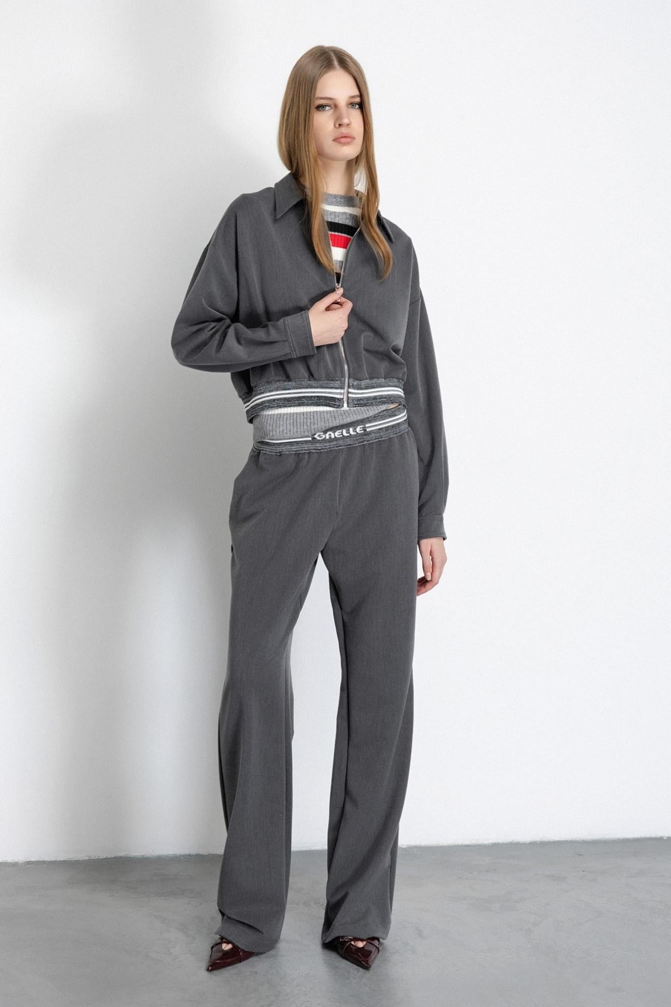 pantalone dritto con pieghe e smacchinato in vita grigio ferro gaëlle paris GAABW07643TMTL0023GRIGIO GAELLE