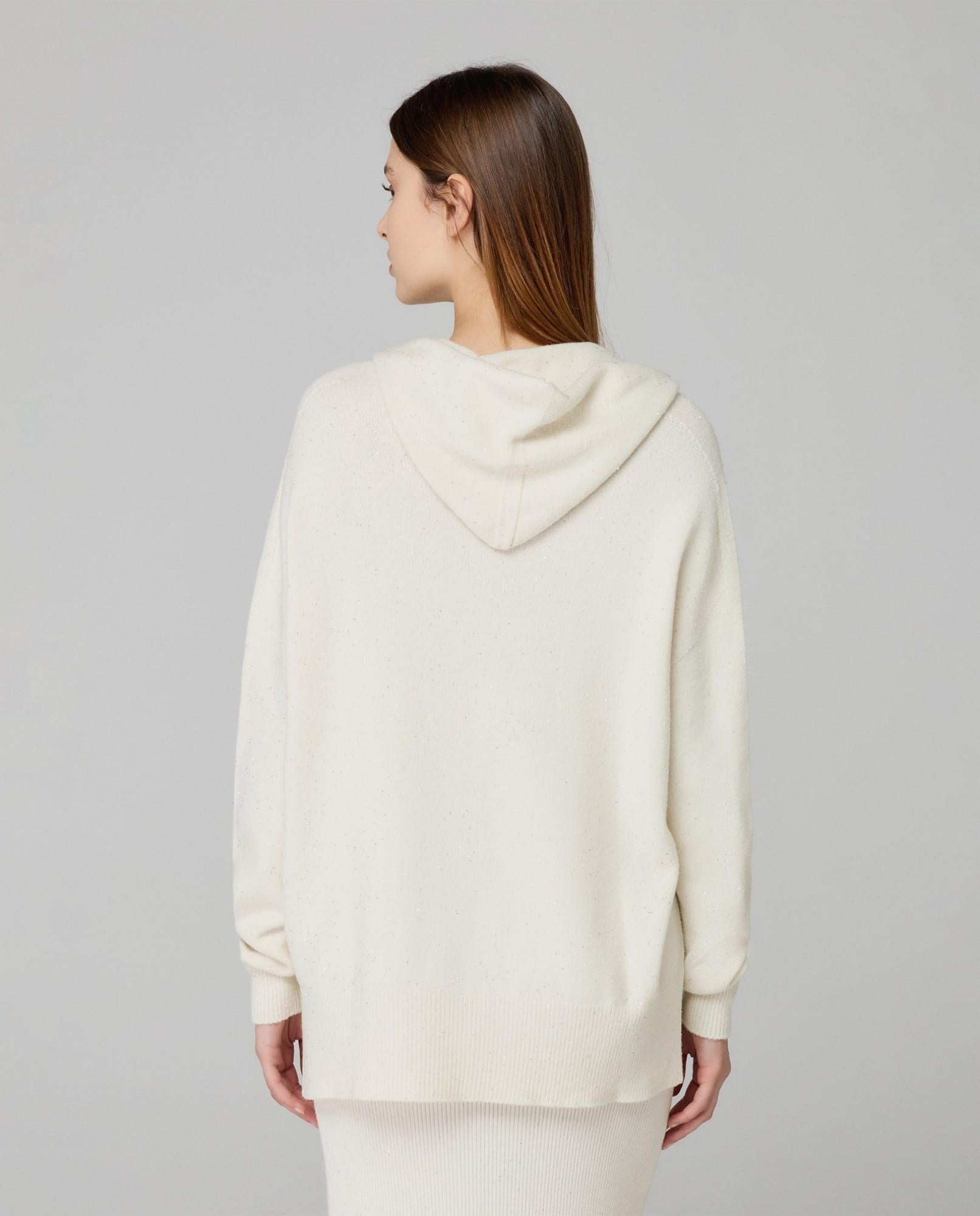 maglia cappuccio con paillettes piu' lunga sul dietro hinnominate HMABW02310MTTM0001AVORIO HINNOMINATE