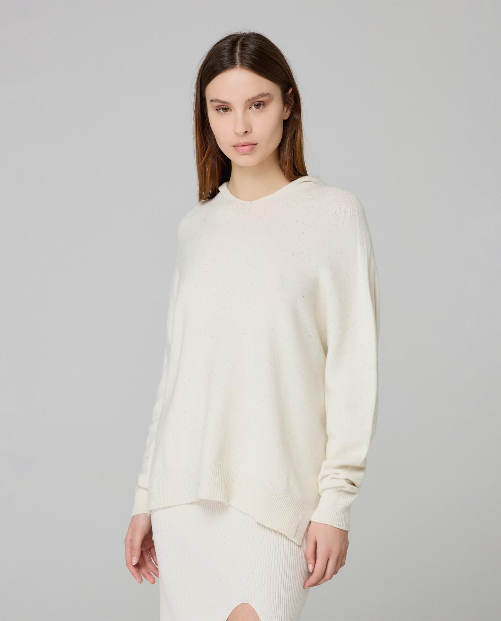 maglia cappuccio con paillettes piu' lunga sul dietro hinnominate HMABW02310MTTM0001AVORIO HINNOMINATE