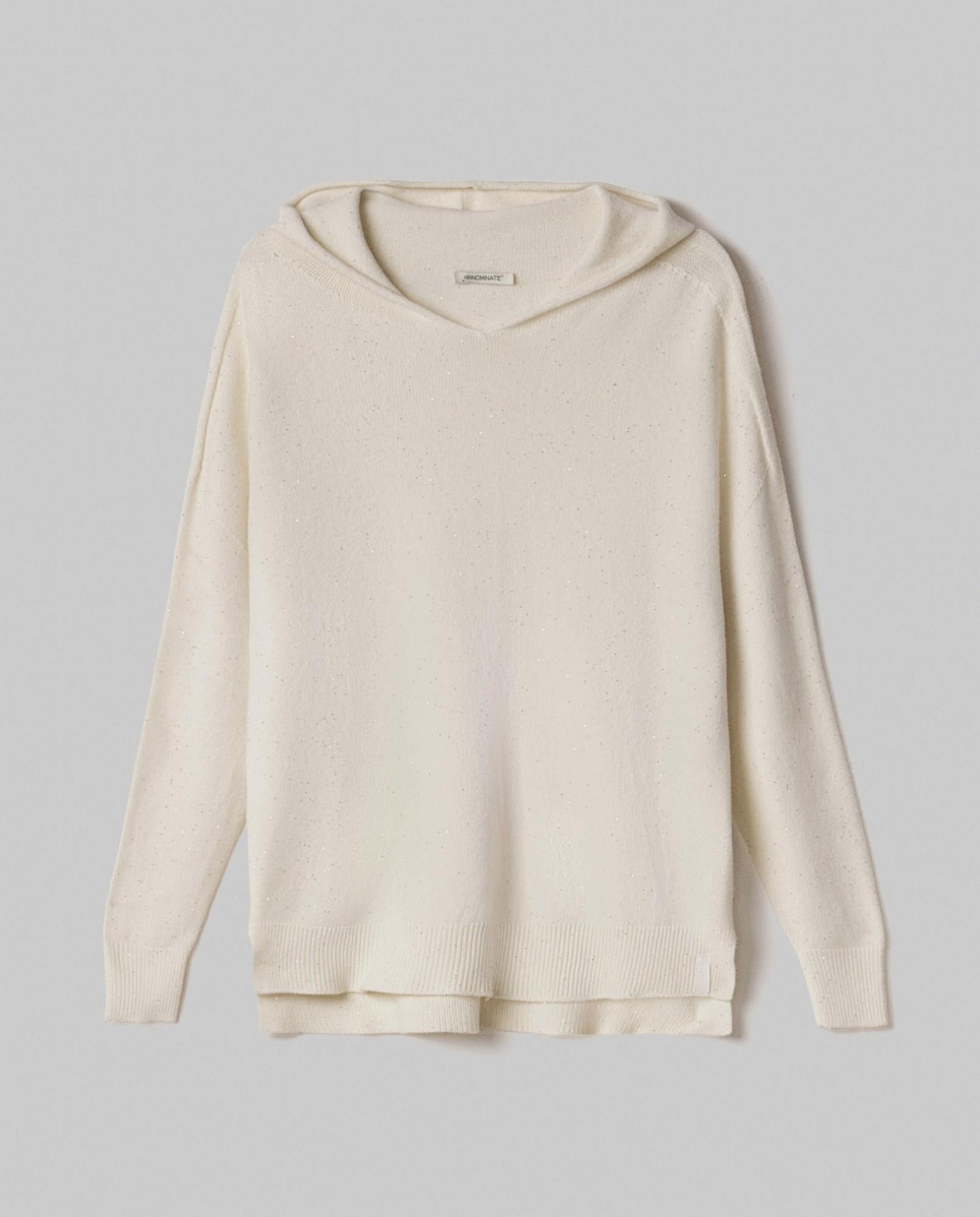 maglia cappuccio con paillettes piu' lunga sul dietro hinnominate HMABW02310MTTM0001AVORIO HINNOMINATE