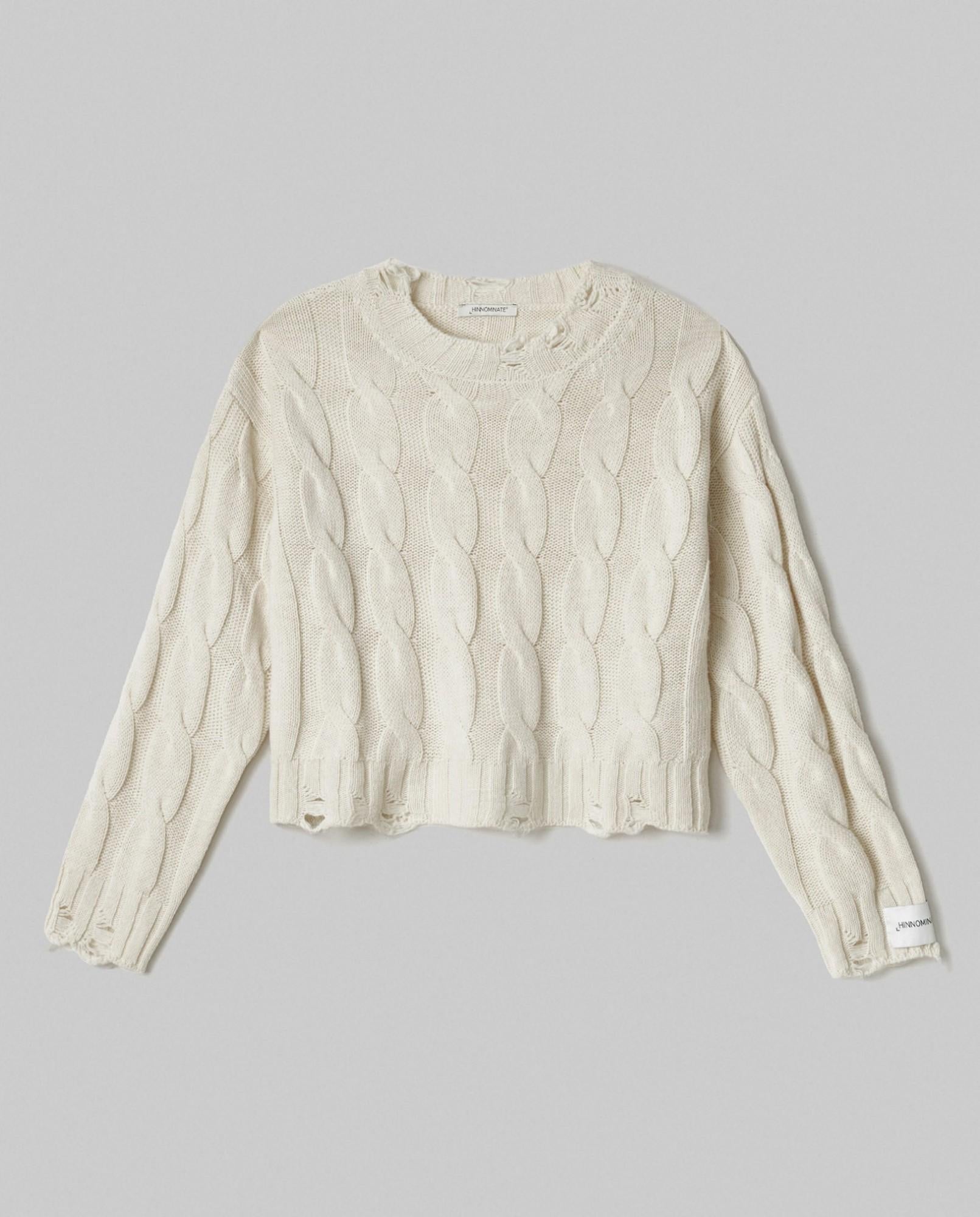 maglia paricollo corta con trecce e rotture bianco burro hinnominate HMABW02191MTTM0001BEIGE HINNOMINATE