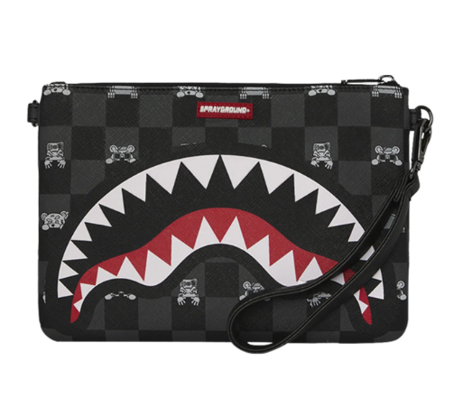 pochette gray peeking character check crossover clutch sprayground