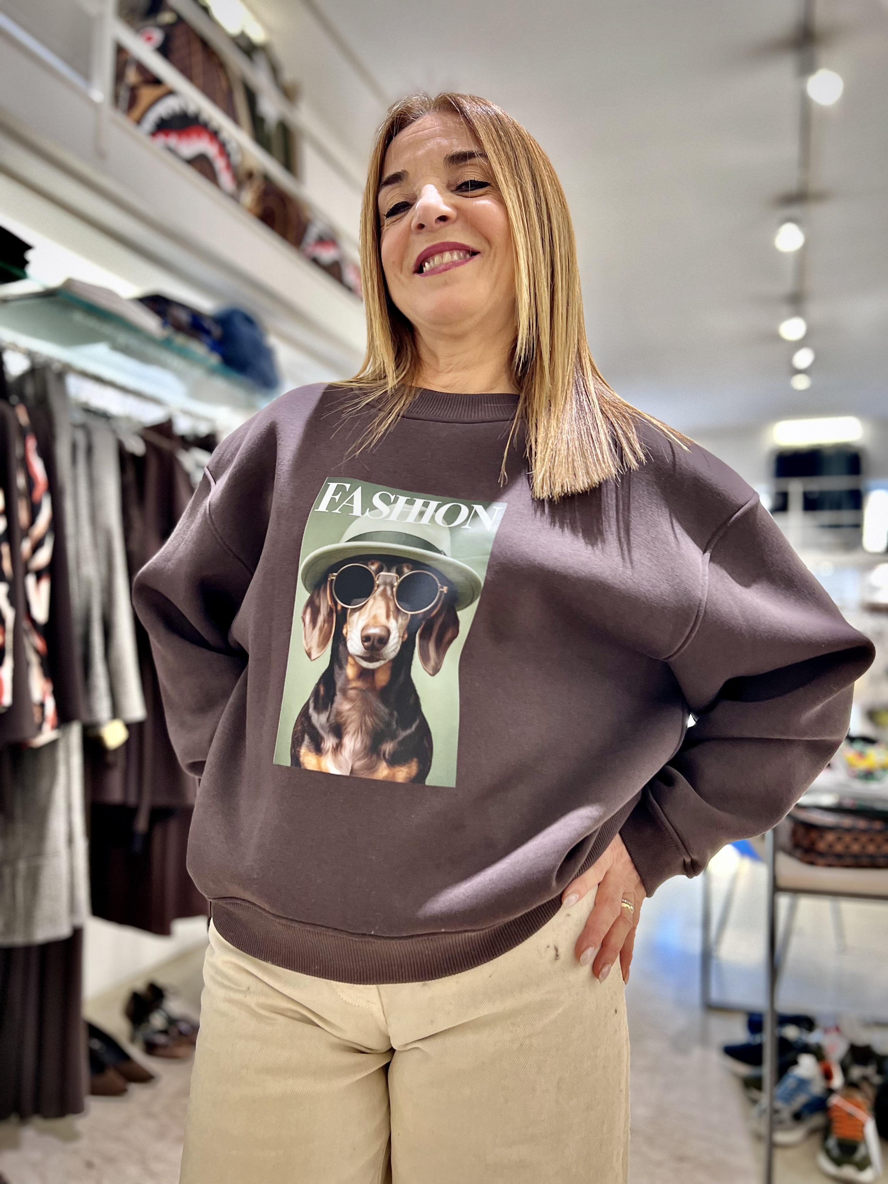 felpa con stampa cani vicolo RF0592MARRONE VICOLO