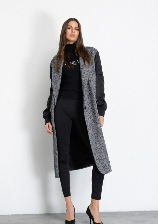 cappotto over lungo in panno e maniche in nylon 
