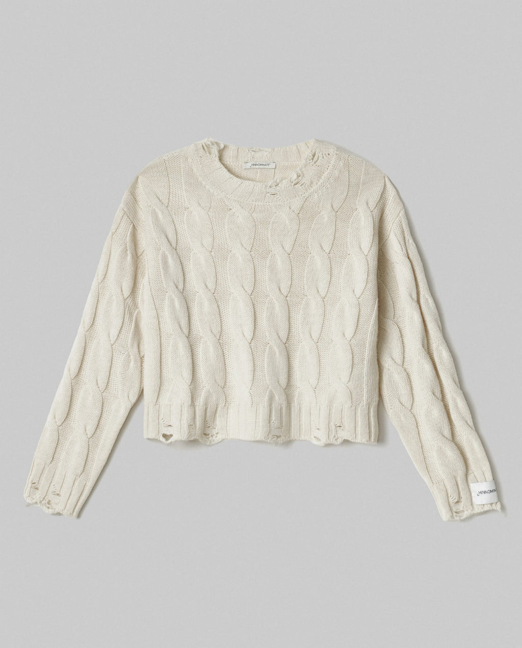 maglia paricollo corta con trecce e rotture bianco burro hinnominate 