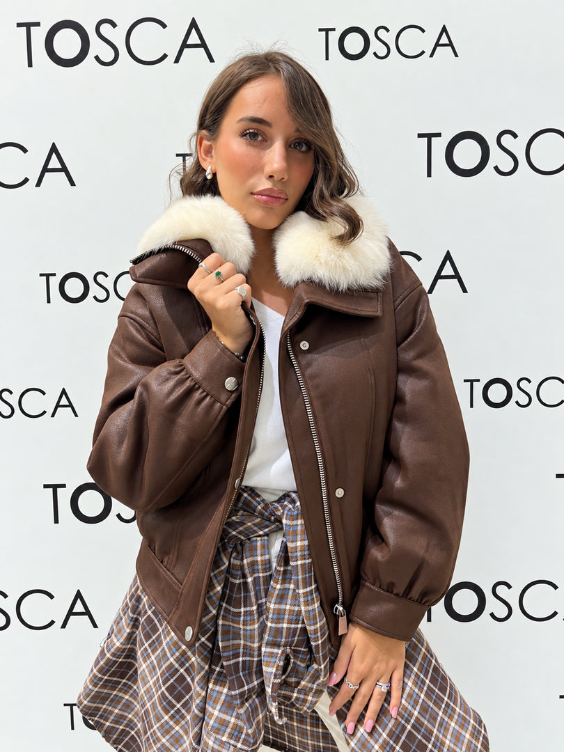 bomber aviatore in ecopelle con collo shearling silvian heach 