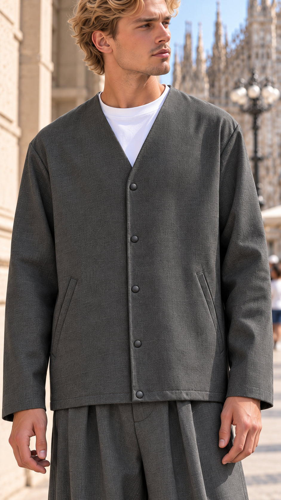 overshirt senza collo con bottoni e coulisse al fondo 