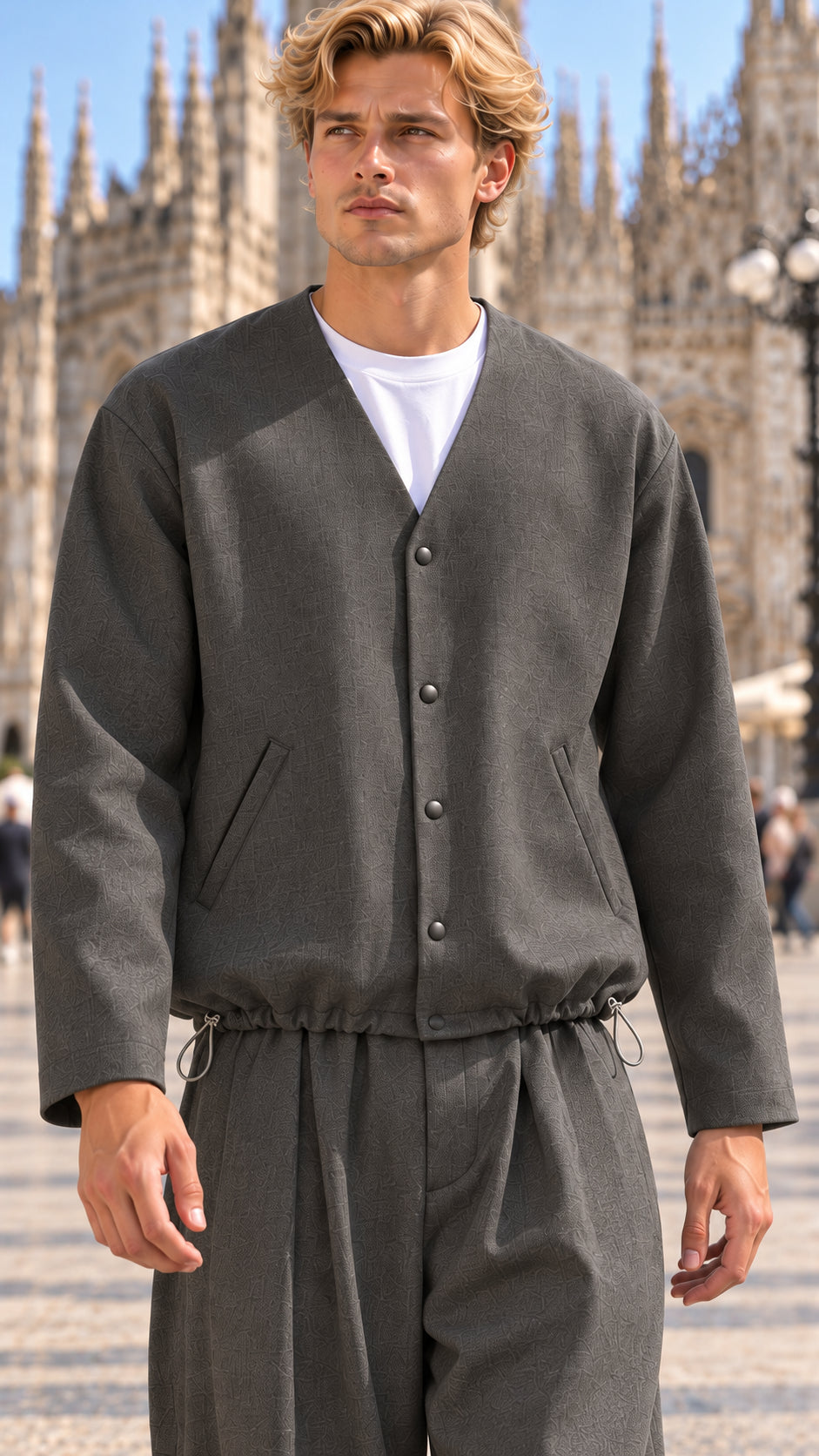 overshirt senza collo con bottoni e coulisse al fondo 