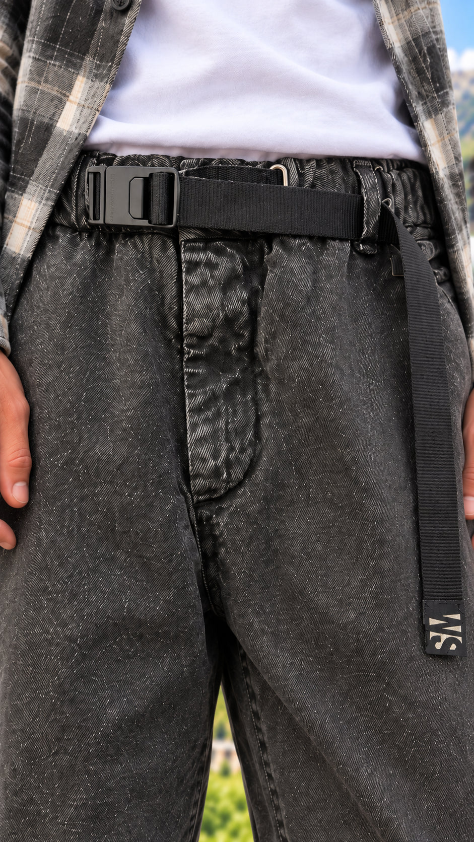 pantaloni in denim con cinturino white sand 