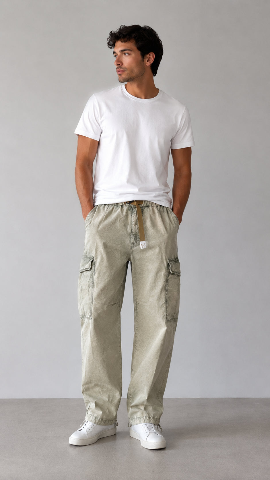 pantaloni effetto stone washed con cinturino in vita white sand 