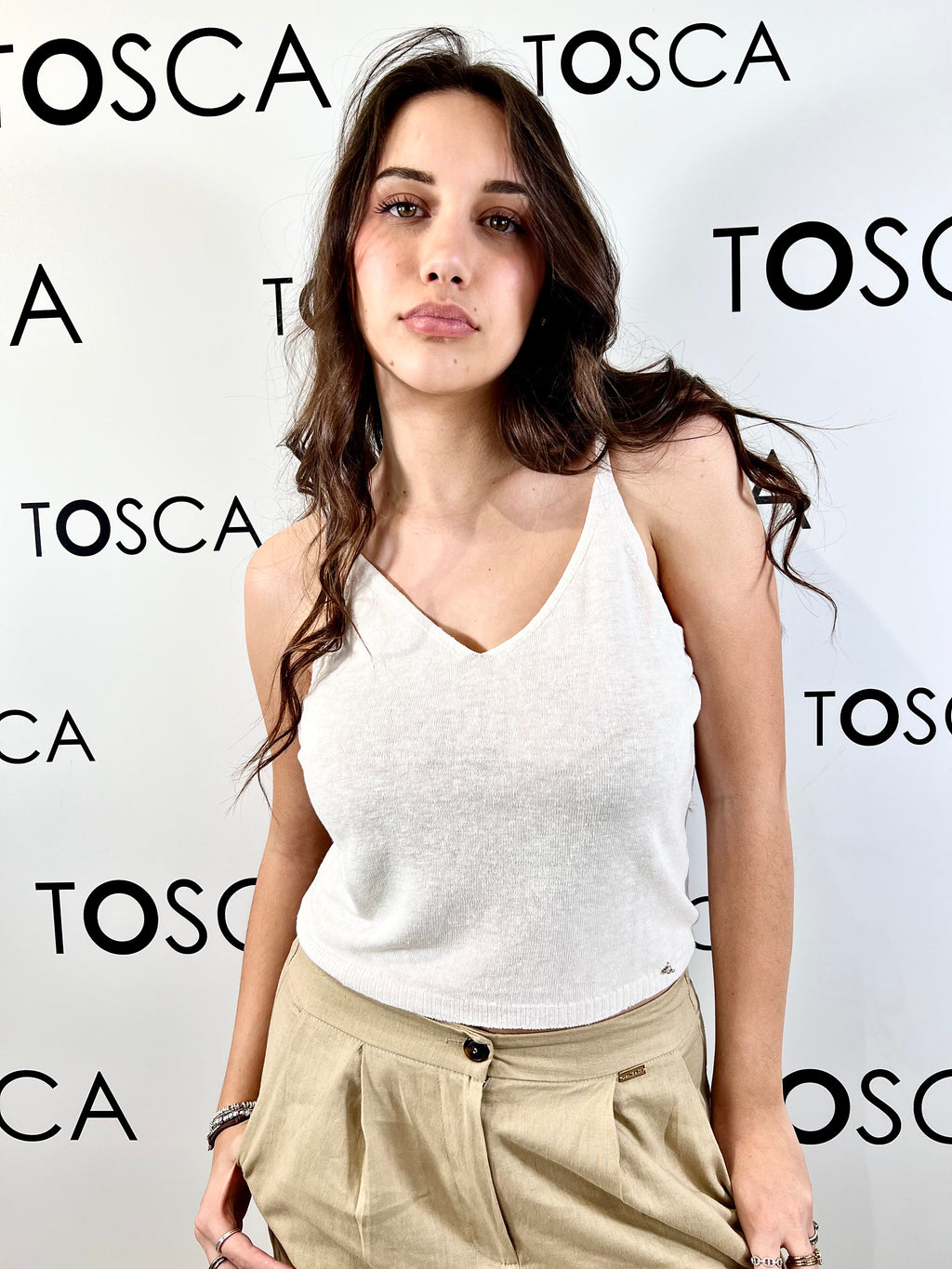 canotta in maglia con bretelline in misto lino white wise 