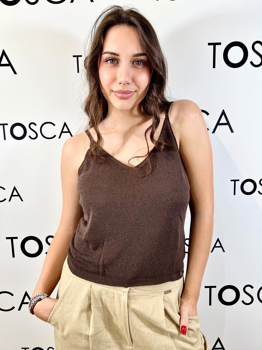 canotta in maglia con bretelline in misto lino white wise 