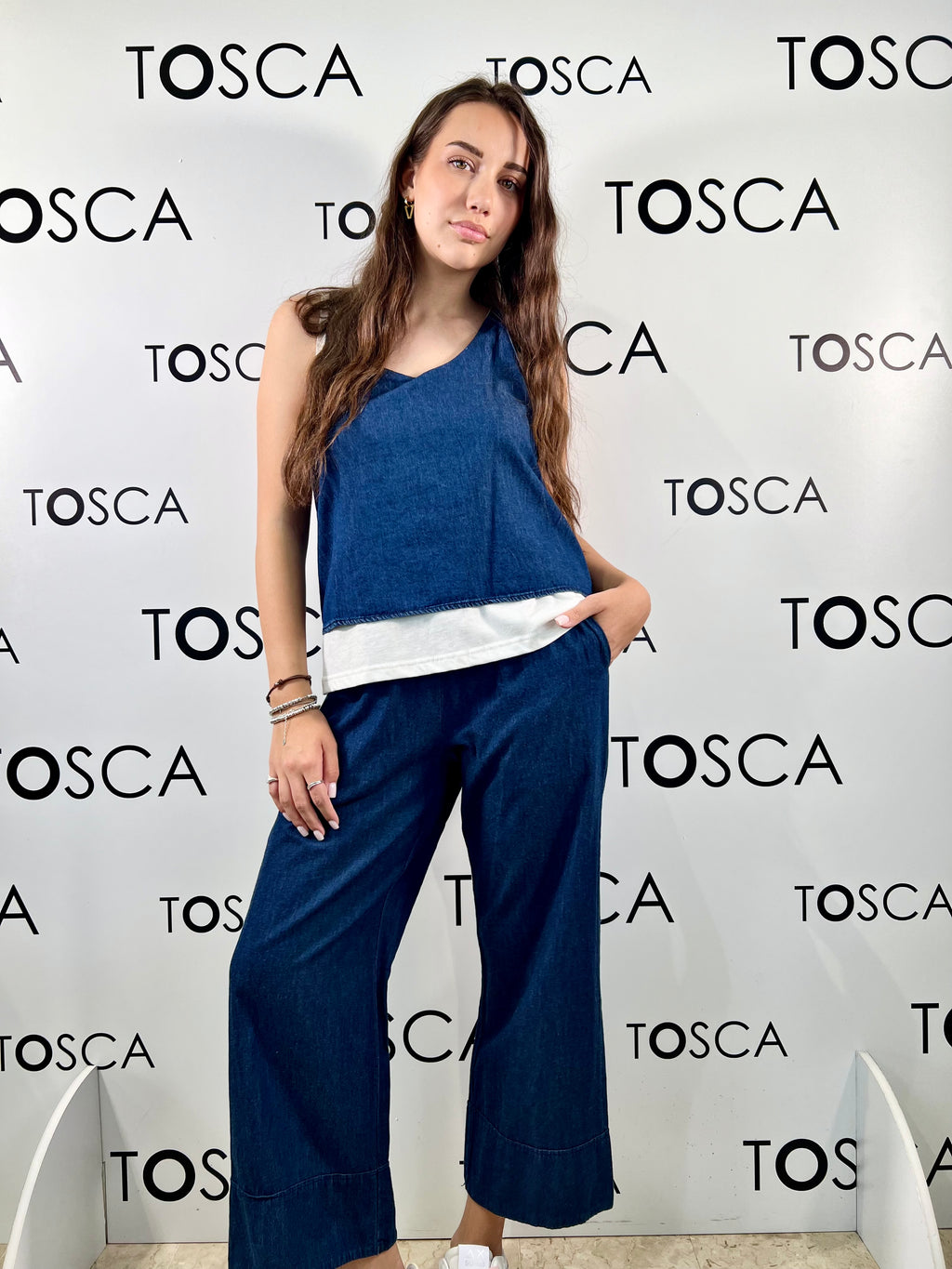 top con doppio pannello in chambray white wise 