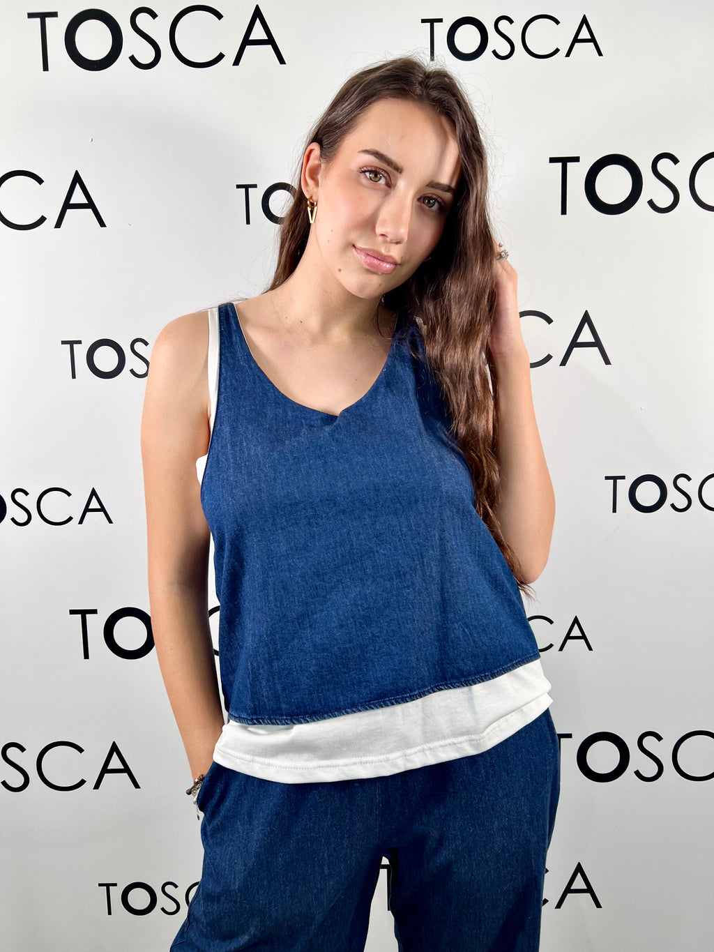 top con doppio pannello in chambray white wise 