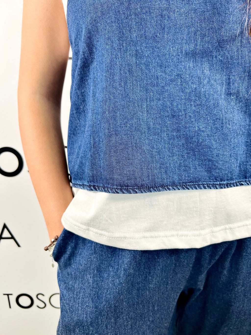 top con doppio pannello in chambray white wise 