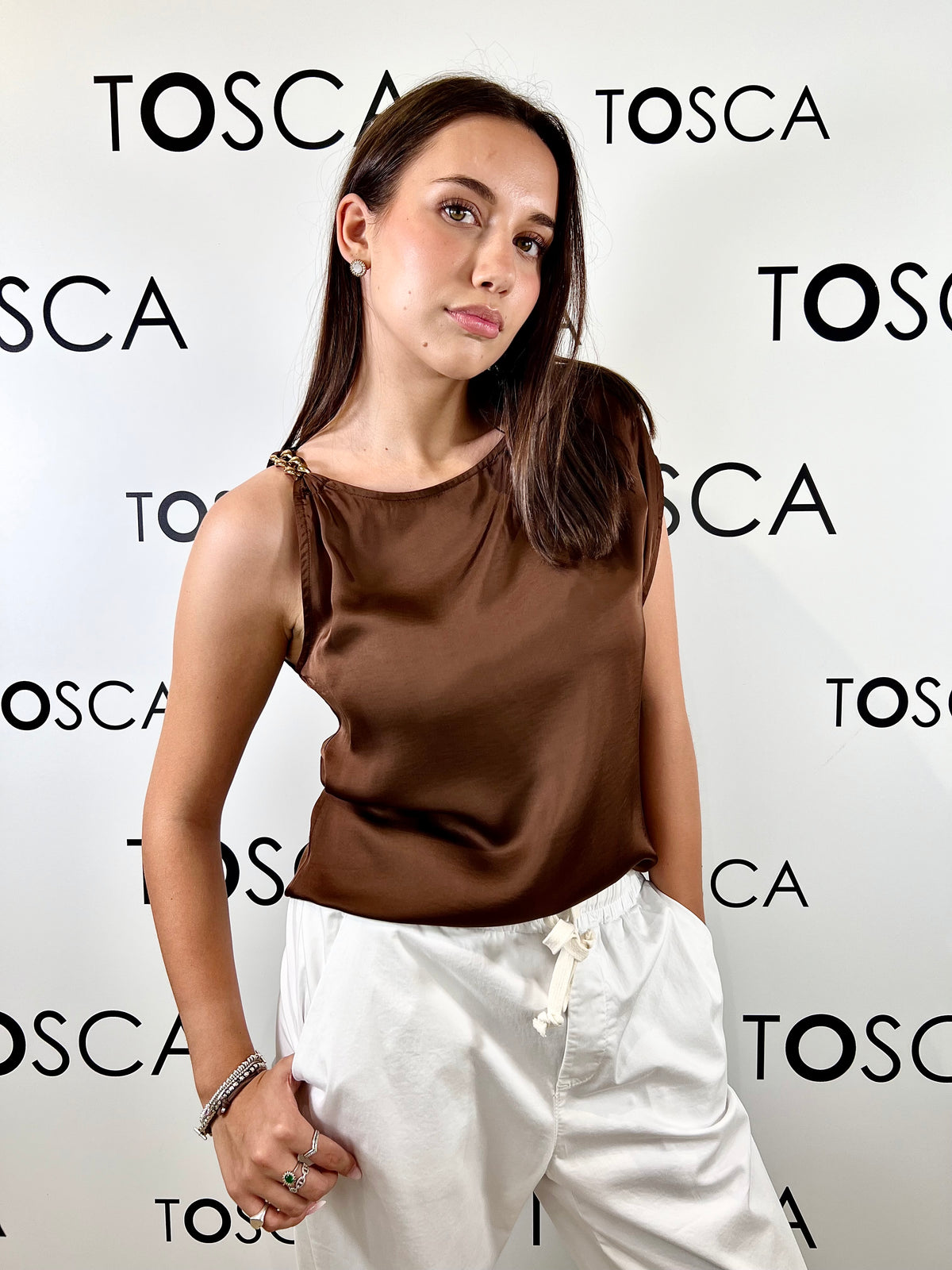 blusa in raso con catena whie wise 
