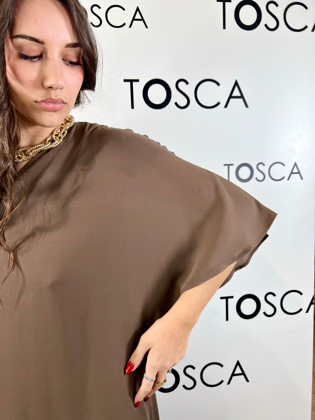 abito monospalla in georgette bicolore 