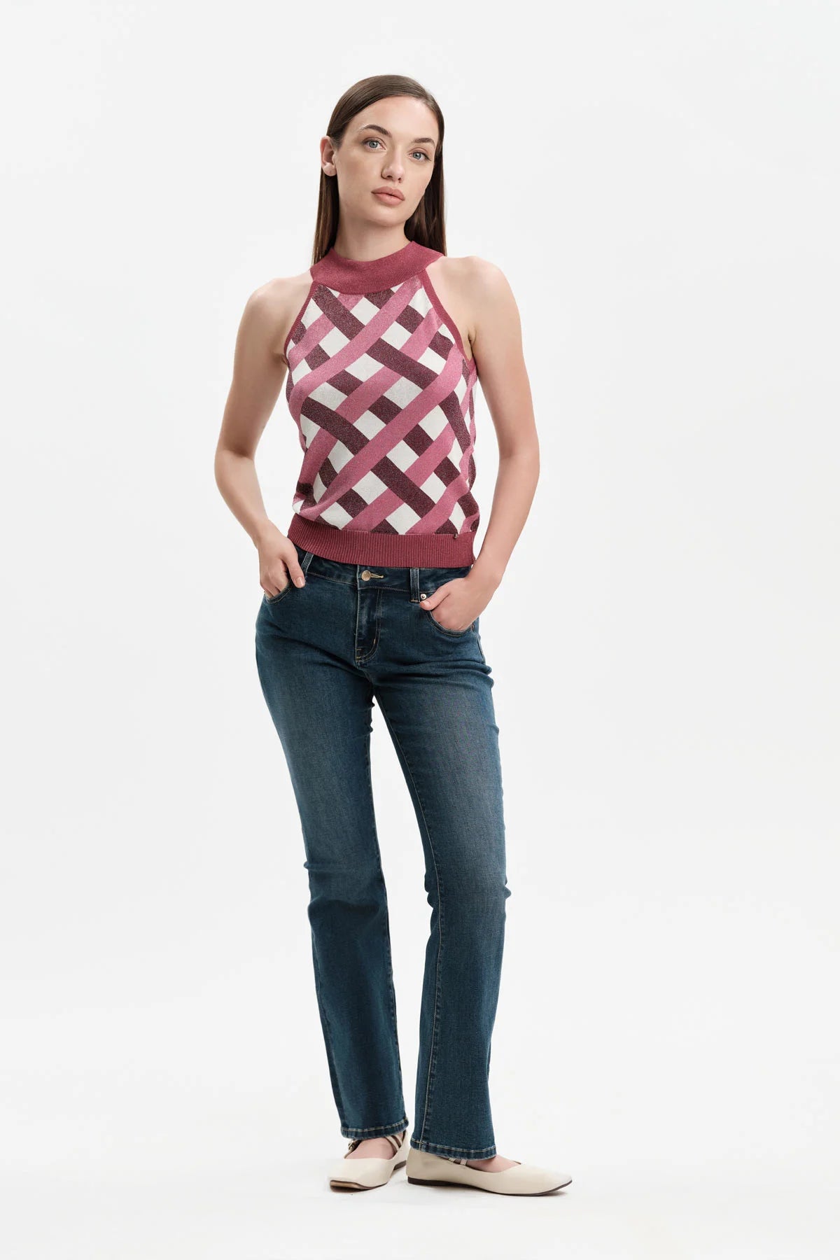 White Wise TOP SCOLLO AMERICA IN MAGLIA FANTASIA - WW31097