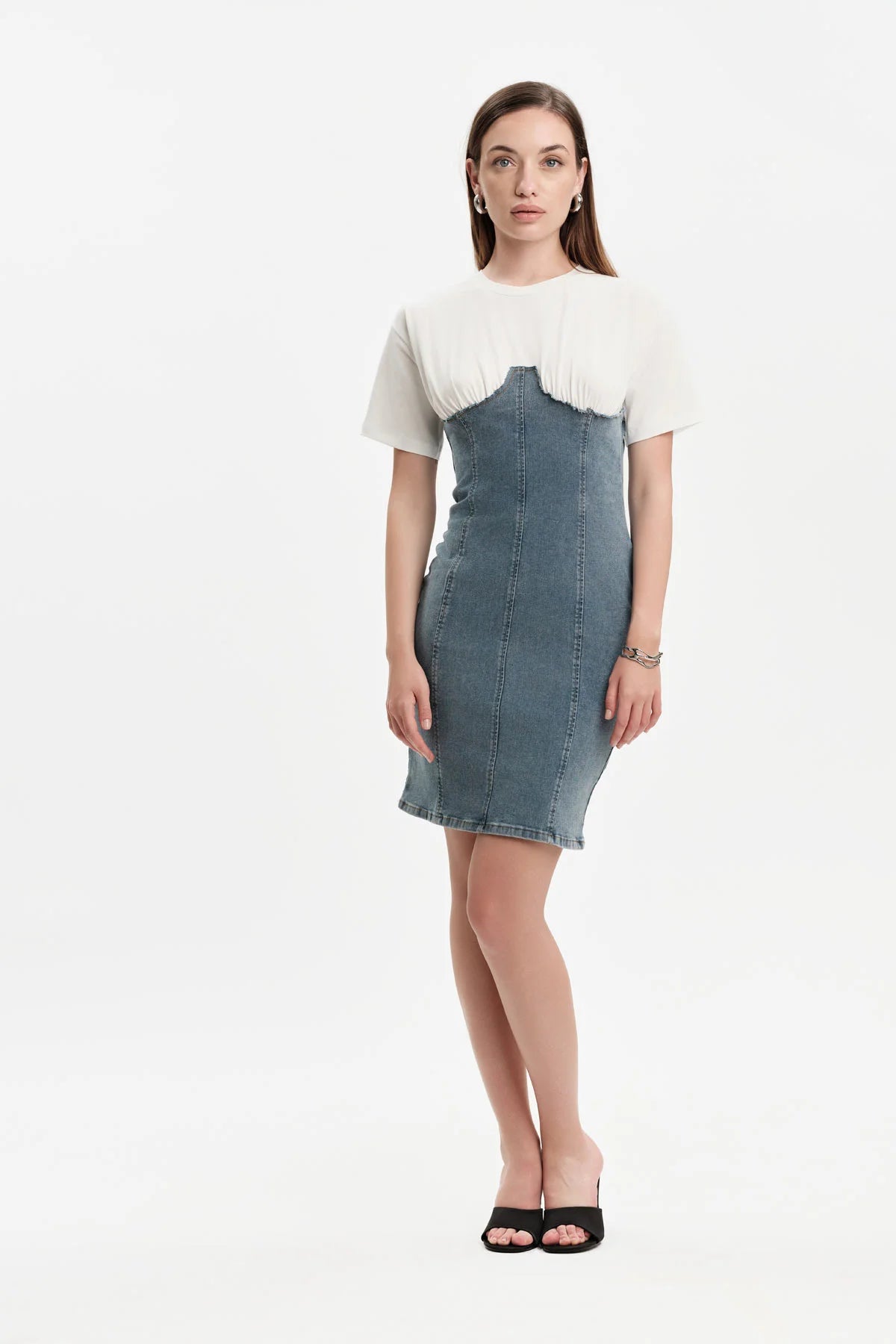 White Wise ABITO T-SHIRT CON INSERTO IN DENIM - WW31162