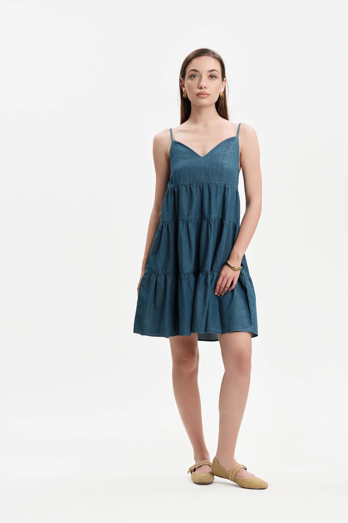 White Wise ABITO CORTO IN CHAMBRAY CON BALZE E BRETELLINE - WW31258