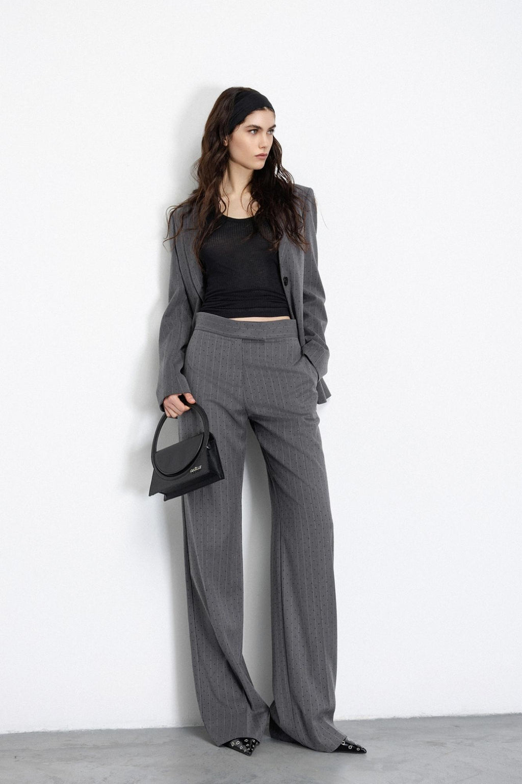 pantalone dritto a vita regular con stiro in piega grigio ferro gaëlle paris 