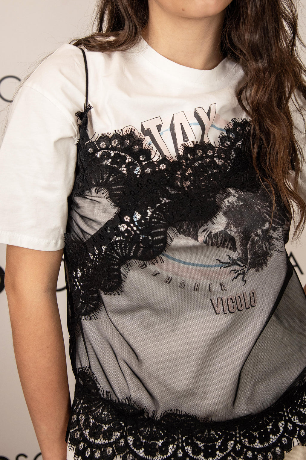 t-shirt con con stampa e canotta in pizzo vicolo RAB0238BIANCO/NERO VICOLO