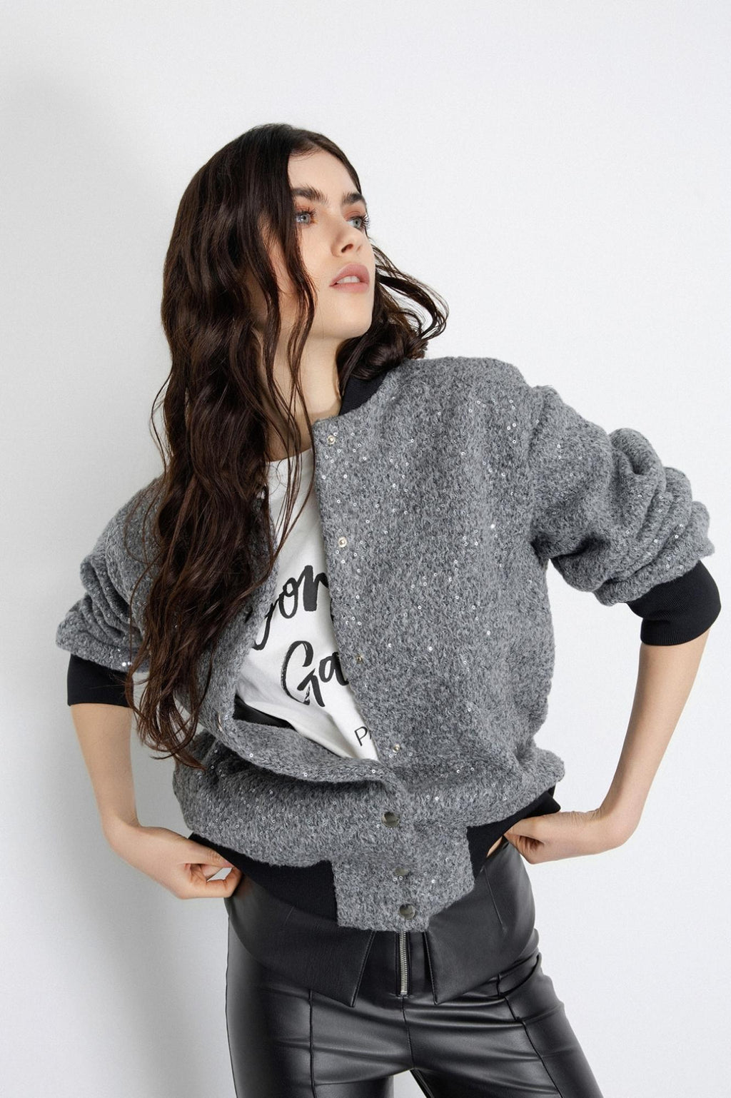 bomber college in panno con paillettes grigio ferro gaëlle paris 