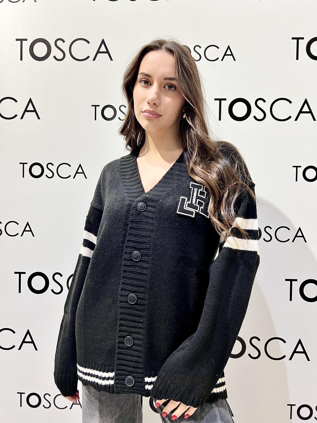 cardigan con rotture, righe e patch college nero  hinnominate<BR/> 