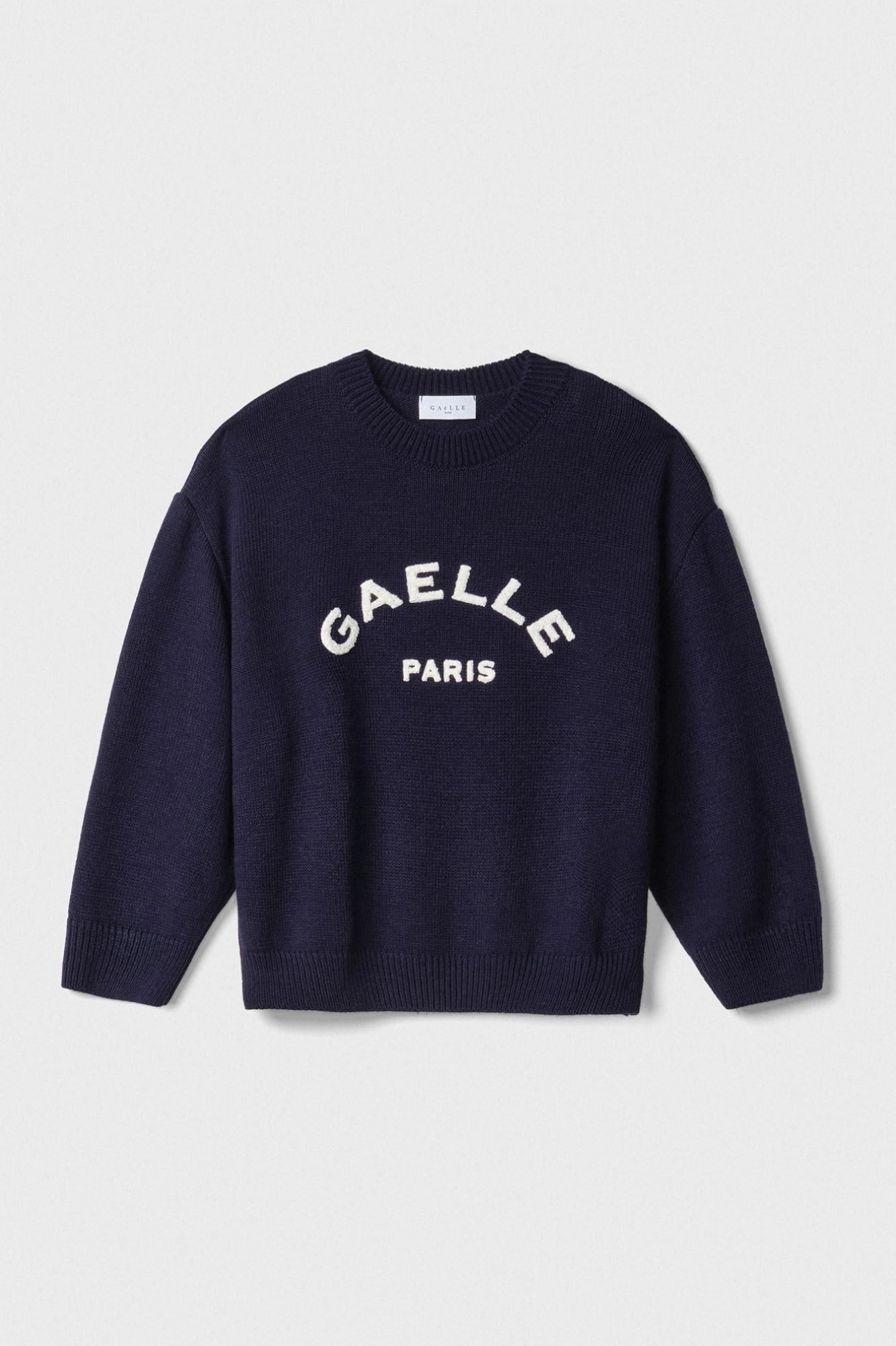 pullover paricollo in maglieria con ricamo logo blu gaëlle paris GAABW07115MBFI0001BLU GAELLE