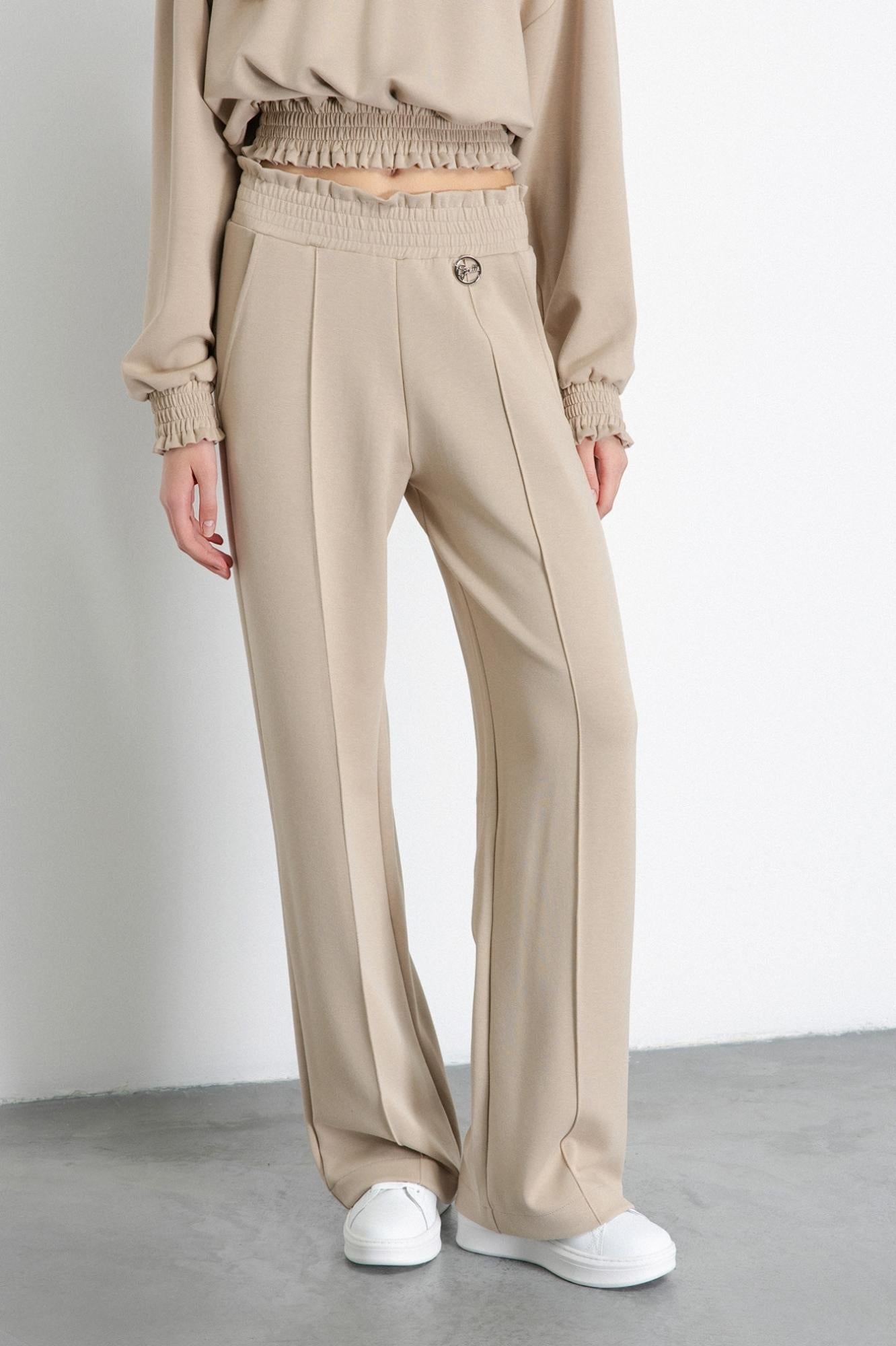 pantalone dritto a vita alta con punto smock cammello gaëlle paris 