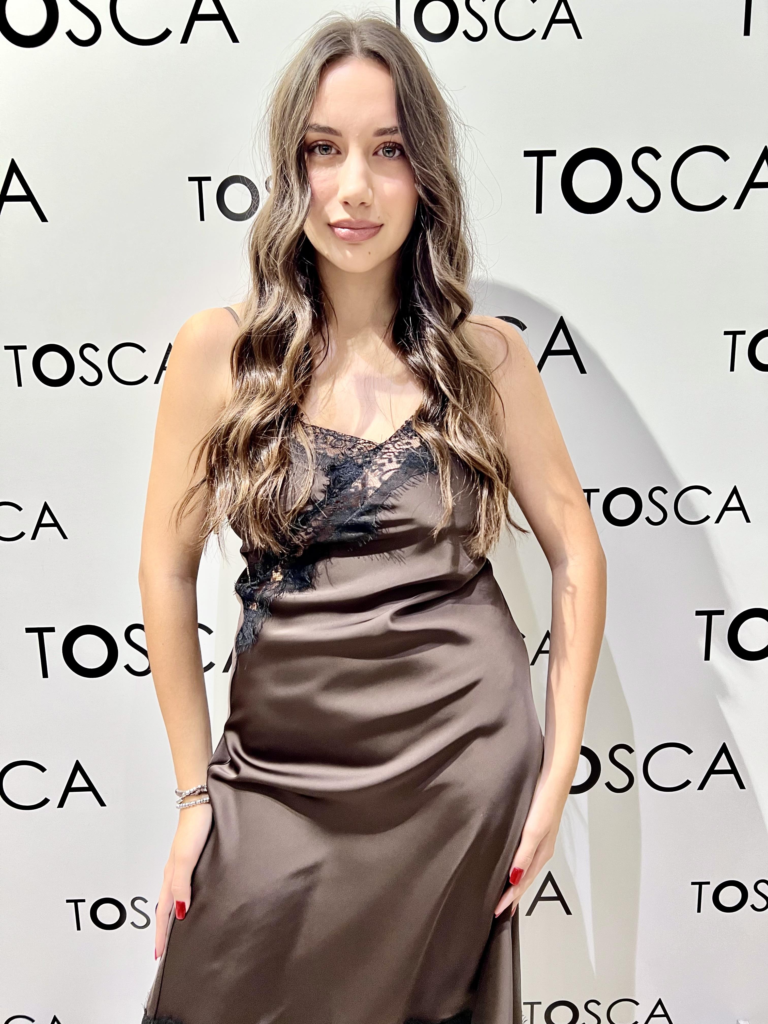 abito asimmetrico con pizzo ADF516NMARRONE KONTATTO