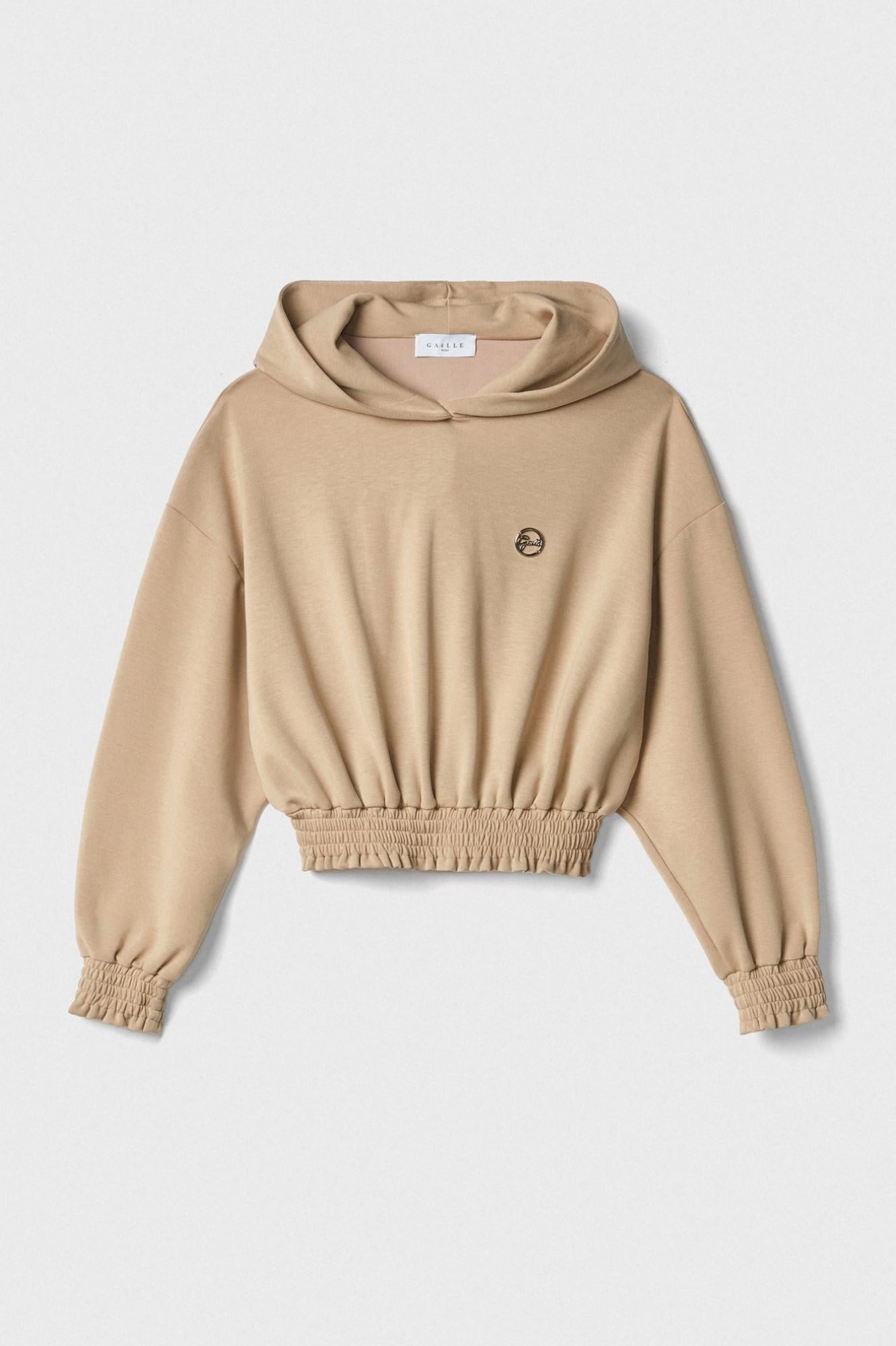 felpa crop con cappuccio e punto smock cammello gaëlle paris 