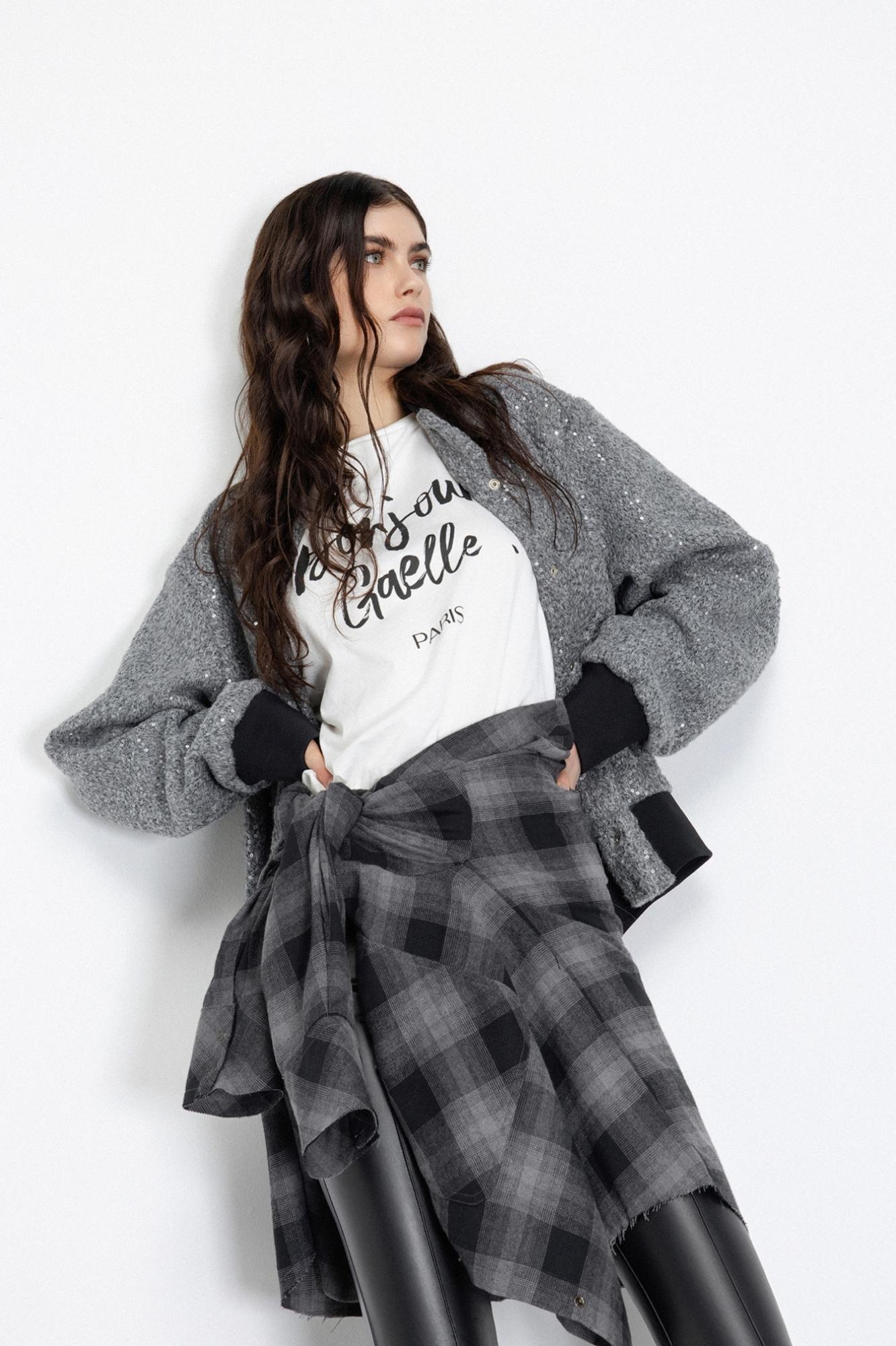 bomber college in panno con paillettes grigio ferro gaëlle paris GAABW06555TMTP0022GRIGIO GAELLE