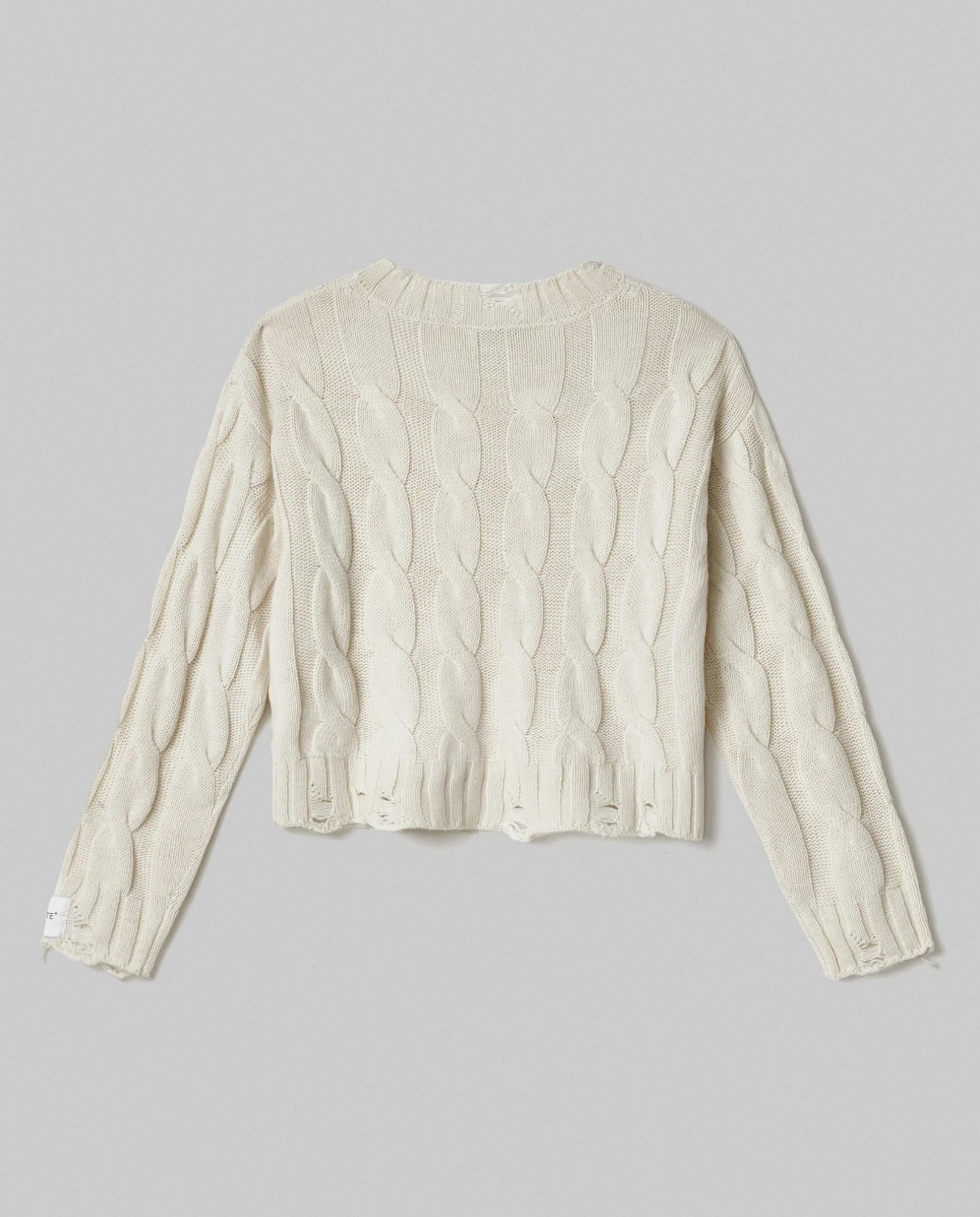 maglia paricollo corta con trecce e rotture bianco burro hinnominate 