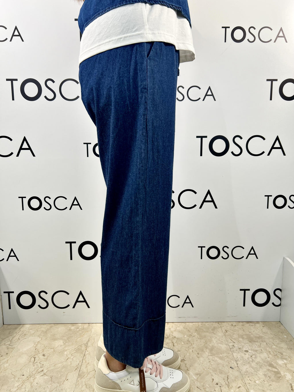 pantaloni midi in chambray con risvolto e coulisse white wise 