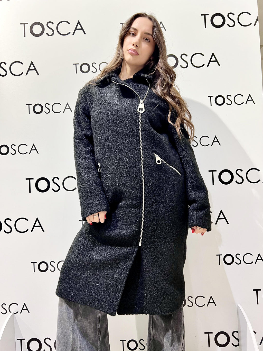 cappotto lungo in panno stile chiodo 